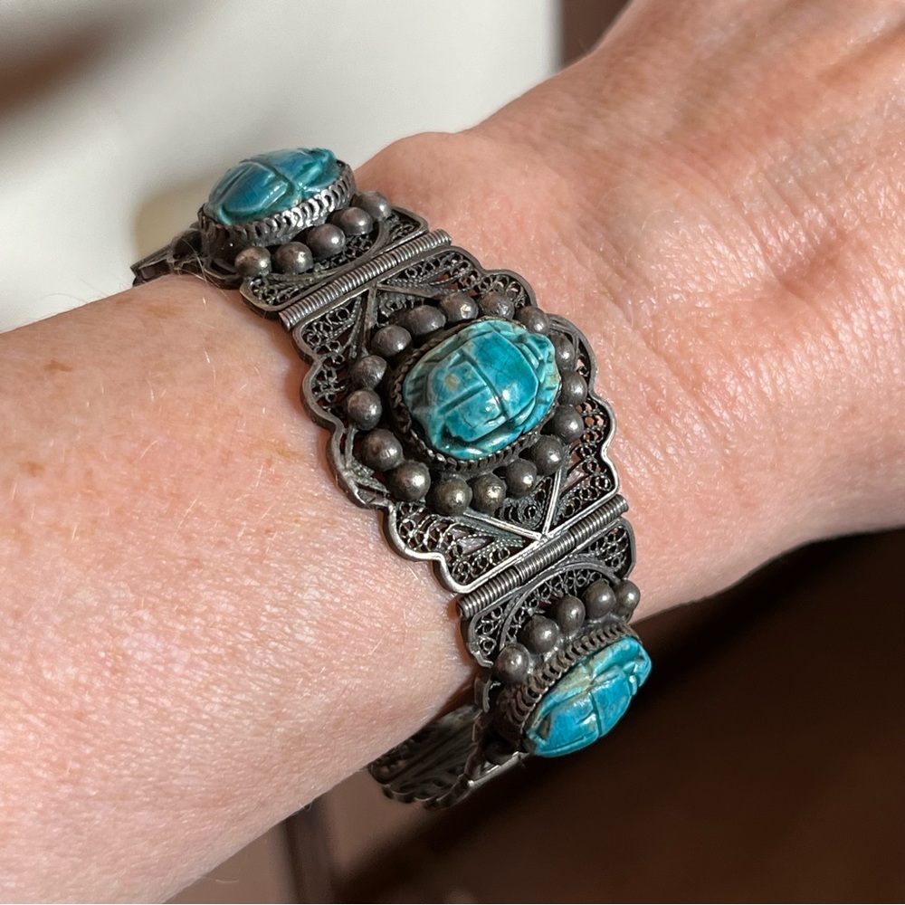 Antique Art Deco Sterling Silver Egyptian turquoise Scarab Beetle wide Bracelet - Picture 7 of 17